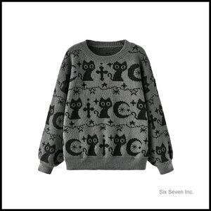Goth Cartoon Pattern Sweater Long Sleeve Crewneck Knit Pullover Top Y2K